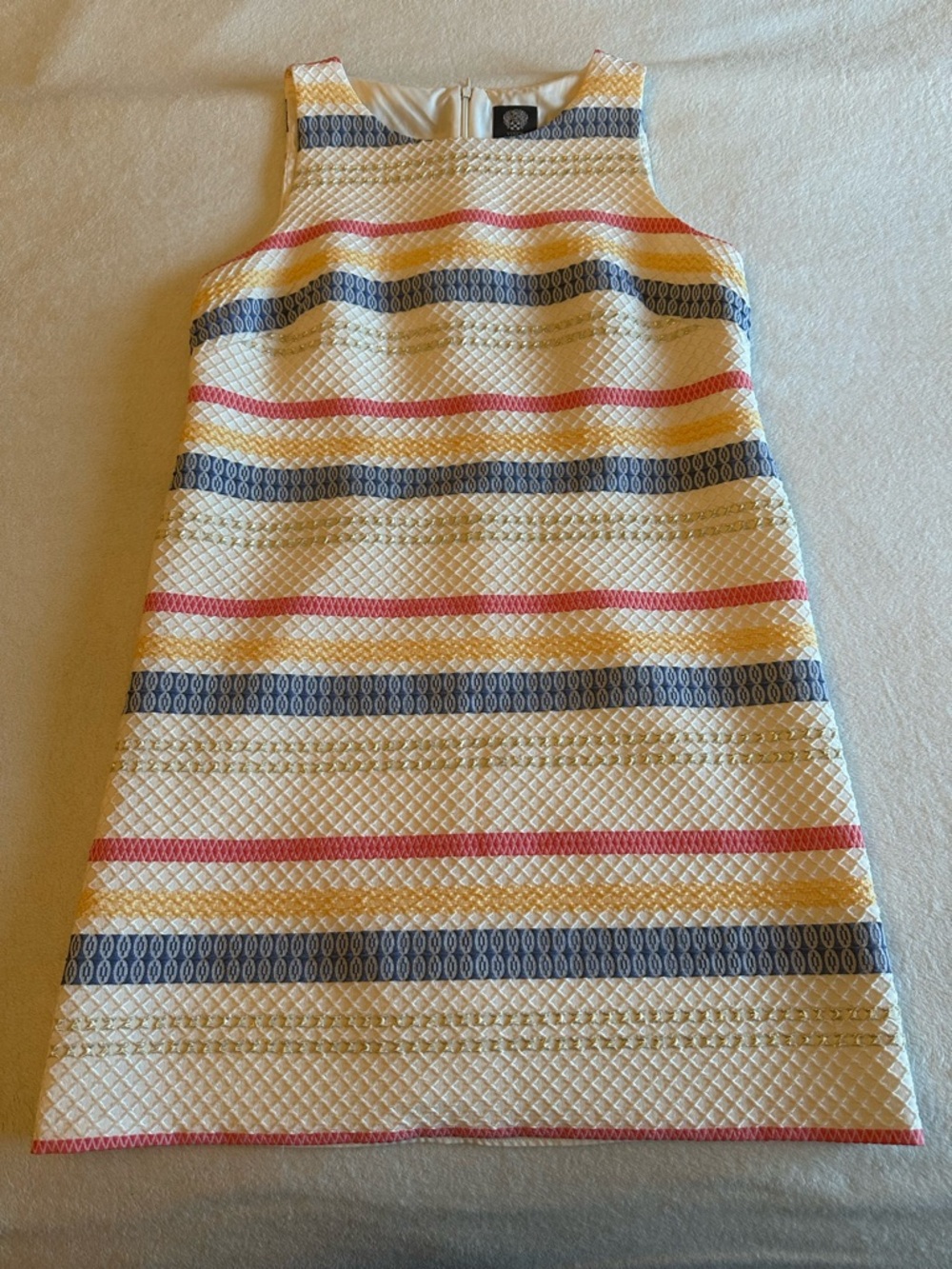 Vince Camuto Cream, Navy & Coral Textured Striped Shift Dress